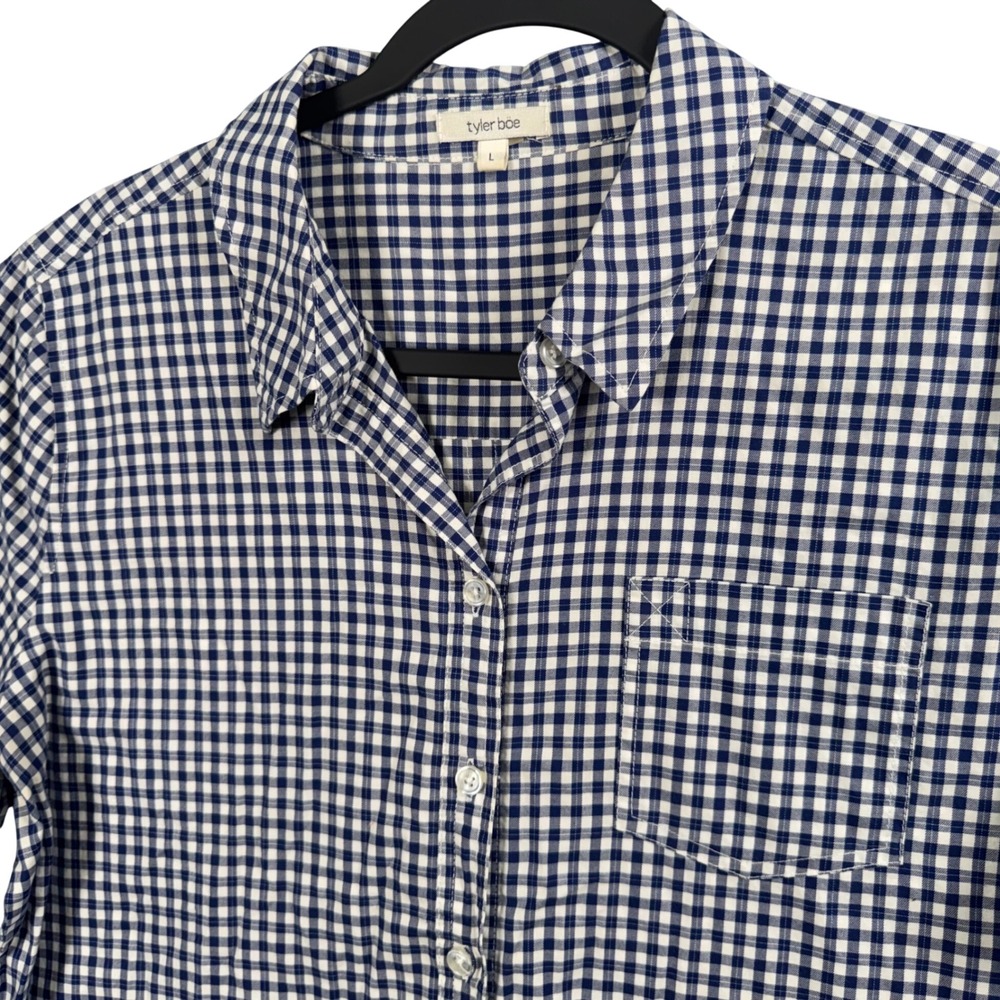 Tyler Boe Button Down Tunic Women L Blue White Gingham Preppy High Low Old Money - Picture 2 of 12
